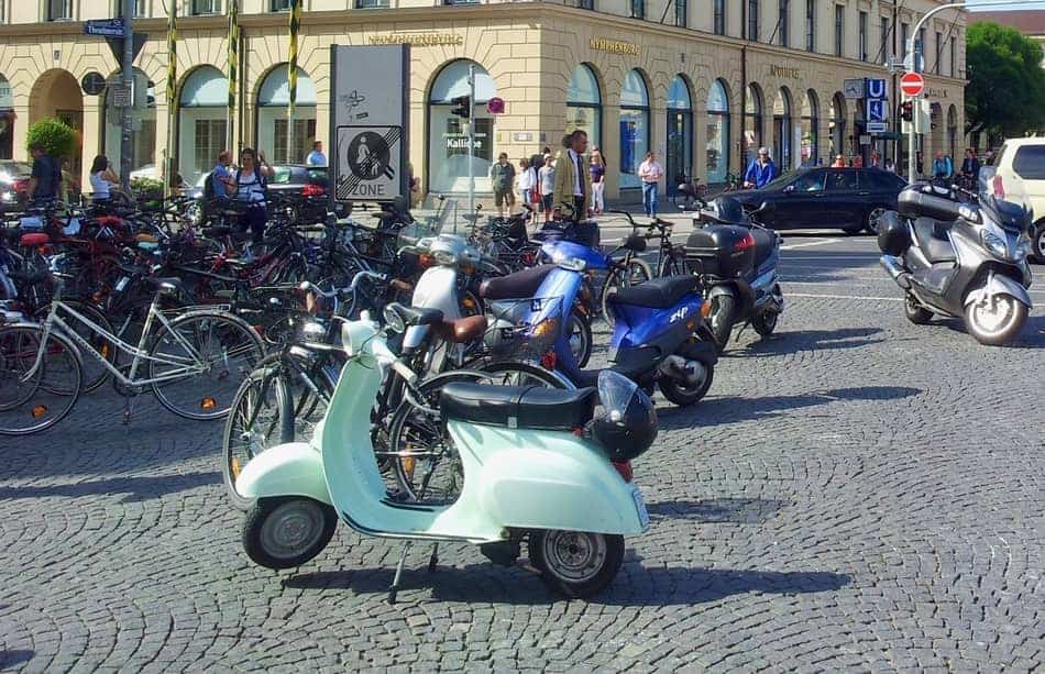 Vespa V50 pistache parked in the center of Munich, Germany