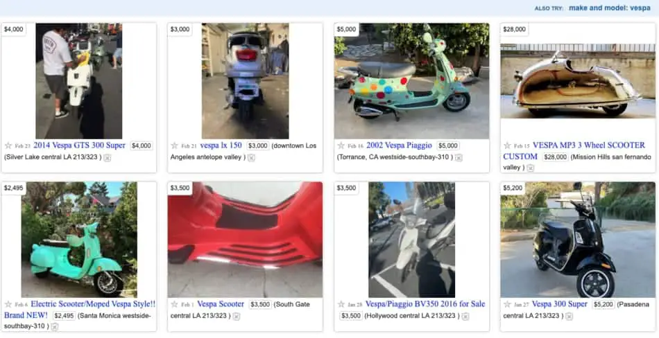 overview of second hand Vespas for sale